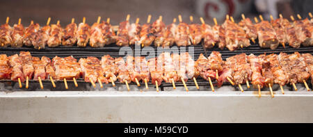 Gli spiedini di carne souvlaki sul barbecue. Le carni tradizionali su spiedino la cottura sul carbone. Close up, banner, vista frontale con i dettagli. Foto Stock