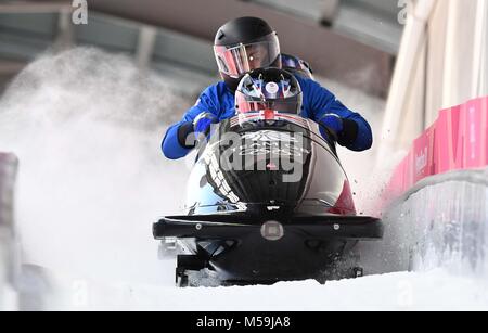 Pyeongchang, Corea del Sud. Xx Febbraio 2018. Il Britannico (GBR) sled di Brad Hall (pilota), Greg Cackett, Nick Gleeson e Joel Fearon. 4-uomo Bob formazione. Olympic Centre di scorrimento. Alpensia. Pyeongchang2018 Olimpiadi invernali. Repubblica di Corea. 20/02/2018. Credito: Sport In immagini/Alamy Live News Foto Stock