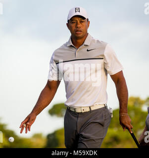 Florida, Stati Uniti d'America. Il 21 febbraio, 2018. Tiger Woods termina il terzo foro durante la Honda Classic Pro-Am a PGA National in Palm Beach Gardens il 21 febbraio 2018. Credito: Richard Graulich/Palm Beach post/ZUMA filo/Alamy Live News Foto Stock