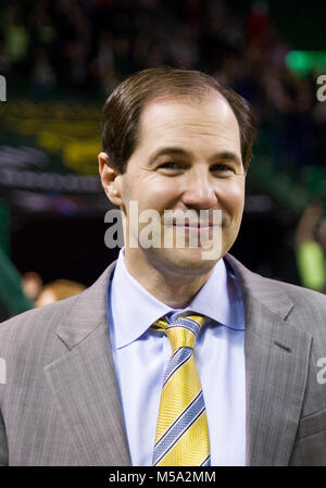 Waco, Texas, Stati Uniti d'America. Xvii Feb, 2018. Baylor Bears head coach Scott ha attirato essendo intervistato dopo il NCAA pallacanestro tra il Texas Tech Red Raiders e Baylor porta al centro di Ferrell a Waco, Texas. Matthew Lynch/CSM/Alamy Live News Foto Stock