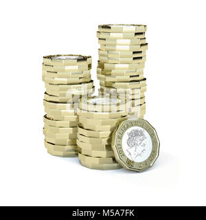 Pile di nuovo una libbra di monete sterlina GBP - macro close up Foto Stock