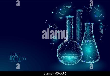 Bassa poli scienza chimica palloni di vetro. Equipaggiamento magico triangolo poligonale blu brillante futuro di ricerca technology business medicina concetto illustrazione vettoriale Illustrazione Vettoriale