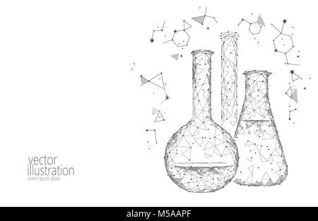 Bassa poli scienza chimica palloni di vetro. Equipaggiamento magico triangolo poligonale bianco grigio monocromatico ricerca astratta tecnologia futura medicina business concetto illustrazione vettoriale Illustrazione Vettoriale