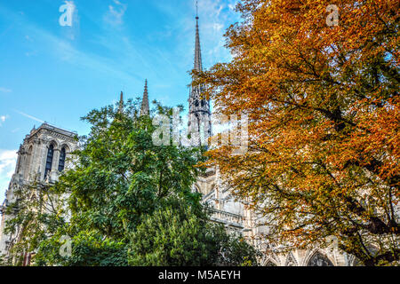 La cattedrale di Notre Dame con gli apostoli di san Luca arrampicata la guglia gotica su una soleggiata giornata d'autunno a Parigi Francia Foto Stock