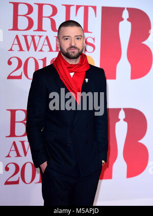 Justin Timberlake frequentando il Brit Awards all'O2 Arena, Londra. Foto Stock