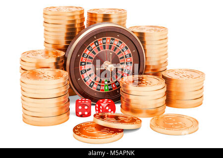 Casinò e concetto di gioco d'azzardo. Roulette con dadi e monete d'oro, rendering 3D isolati su sfondo bianco Foto Stock