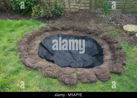 Preparazione di un laghetto giardino per la fauna selvatica - sotto sul posto. Fase 2 di 4. Foto Stock