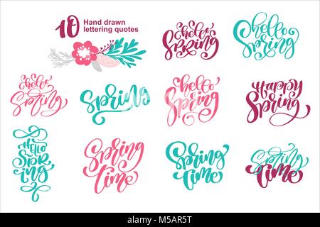 Impostare preventivi Ciao primavera card modello. Disegnata a mano scritte. Elemento calligrafico per la progettazione. Illustrazione Vettoriale Illustrazione Vettoriale