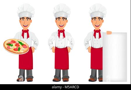 Giovani chef professionale in uniforme e cuocere hat. Sorridente personaggio dei fumetti, insieme con la pizza con le mani sui fianchi e in piedi vicino al cartellone. Ristorante s Illustrazione Vettoriale