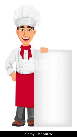 Giovani chef professionale in uniforme e cuocere hat. Personaggio dei fumetti in piedi vicino alla targhetta vuota. Il personale del ristorante character design. Illustrazione Vettoriale Illustrazione Vettoriale