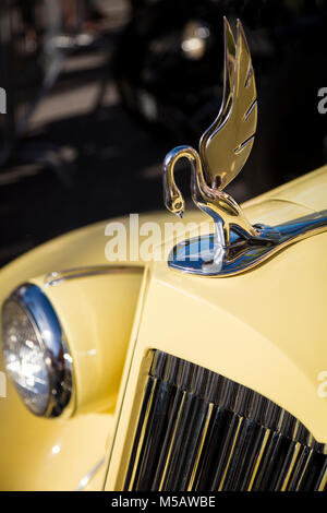 Ornamento del cofano su un 1939 Packard 'Darrin' sul display all 'automobili su 5th' autoshow, Naples, Florida, Stati Uniti d'America Foto Stock