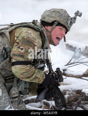 Spc. Zackery Williams, assegnato alla società di caricabatterie, 1° Battaglione, quinto reggimento di fanteria, 1° Stryker Brigade Combat Team, XXV divisione di fanteria, U.S. Esercito Alaska, segnali ai suoi soldati in anticipo durante il funzionamento conca a base comune Elmendorf-Richardson, Alaska, il 10 febbraio, 2018. Funzionamento Conca è stato un battaglione-livello, bracci combinato, live-esercizio di incendio che si è concentrato sulla letalità artico. Durante il funzionamento di tre 150-soldato aziende manovrato attraverso vari terreni; attaccando e cogliendo le posizioni nemiche nonché eliminando le principali armi e veicoli essendo utilizzati dal nemico. (U.S Foto Stock