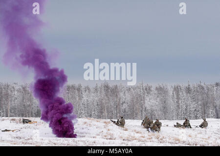 I soldati assegnati a società di caricabatterie, 1° Battaglione, quinto reggimento di fanteria, 1° Stryker Brigade Combat Team, XXV divisione di fanteria, U.S. Esercito di Alaska, partecipa all'operazione conca a base comune Elmendorf-Richardson, Alaska, il 10 febbraio, 2018. Funzionamento Conca è stato un battaglione-livello, bracci combinato, live-esercizio di incendio che si è concentrato sulla letalità artico. Durante il funzionamento di tre 150-soldato aziende manovrato attraverso vari terreni; attaccando e cogliendo le posizioni nemiche nonché eliminando le principali armi e veicoli essendo utilizzati dal nemico. (U.S. Air Force Foto Stock