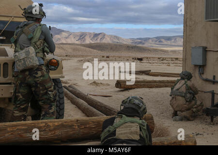 FORT IRWIN, California - Xi Armored reggimento di cavalleria Troopers difendere la loro posizione contro l'aggressione a elementi del terzo reggimento di cavalleria, da Fort Hood, Texas. Febbraio 13, 2018. Questa fase di combattimento ha contestato il "Brave Fucili" Brigata capacità di acquisire e mantenere un obiettivo urbana, contro un vicino-peer avversario. (U.S. Esercito Foto Stock