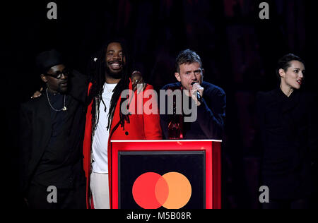 Gorrilaz accettare il premio per la miglior band britannica durante il 2018 BRIT Awards mostra che si è tenuta presso la O2 Arena, Londra. Solo uso editoriale. Stampa foto di associazione. Picture Data: mercoledì 21 febbraio, 2018. Vedere PA Storia SHOWBIZ inglesi. Foto di credito dovrebbe leggere: Victoria Jones/filo PA. Foto Stock