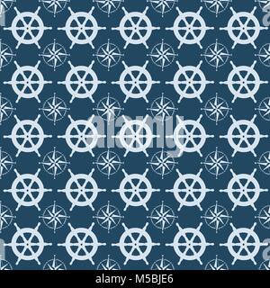 Umore marittima. Seamless pattern nautico con ruote sterzanti e la bussola, illustrazione vettoriale Illustrazione Vettoriale