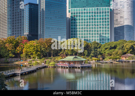 Giappone Tokyo City, Hama Rykiu giardino, Shimbashi Skyline Foto Stock