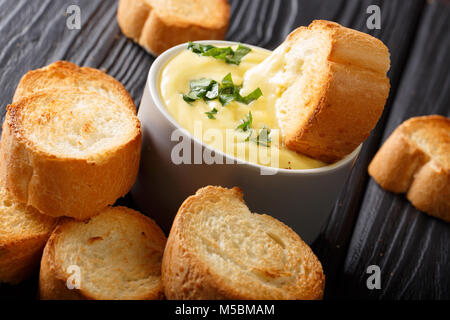 Formaggio salsa dip con pane tostato vicino sul tavolo orizzontale. Foto Stock