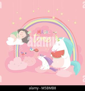 Cartoon carino ragazza con unicorns Illustrazione Vettoriale