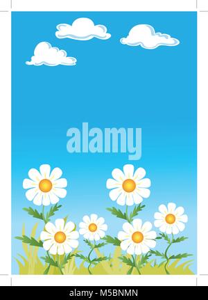 Diversi set di margherite contro un cielo blu con nuvole soffici Illustrazione Vettoriale