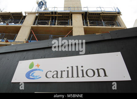 Carillion segno su un edificio abbandonato sito, Salford, Greater Manchester. Carillion plc è una multinazionale britannica la gestione delle strutture e constructi