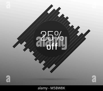 Vendita banner con il 25 percento di sconto. Offerta di sconto sul prezzo di acquisto sulla figura costituita da barre metalliche con colore nero su sfondo argento Illustrazione Vettoriale
