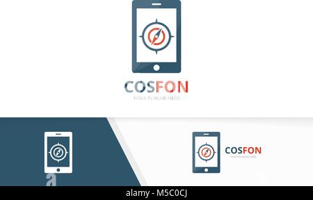 Bussola di vettore e telefono e combinazione di logo. Navigazione mobile e il simbolo o icona. Viaggi unici e Device logo design modello. Illustrazione Vettoriale