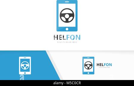 Auto vettore timone e telefono e combinazione di logo. Volante e mobile di simbolo o icona. Unico timone e Device logo design modello. Illustrazione Vettoriale