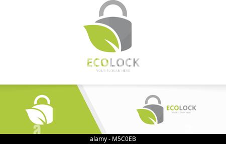 Blocco del vettore e foglia di combinazione di logo. Di sicuro ed eco di simbolo o icona. Lucchetto univoco e logotipo organico modello di disegno. Illustrazione Vettoriale
