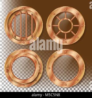 Oblò in ottone vettore. Rotondo di metallo finestra con rivetti. Nave Bathyscaphe Frame elemento di design. Per laboratorio, aeromobili, sottomarini. Isolato su sfondo trasparente illustrazione realistica Illustrazione Vettoriale