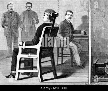 "L'ESECUZIONE DA PARTE DI ELETTRICITÀ A BREVE PER ESSERE INTRODOTTO IN N Y membro " dal giugno 30, 1888 Scientific American raffigurante l approvazione della nuova forma di pena di morte nello Stato di New York, la "sedia elettrica' basato su Alfred P. Southwick del design. Questo progetto dovrebbe essere raffinato entro il prossimo anno dalla New York Medico-Legal società. Esso è stato utilizzato per la prima volta il 6 agosto 1890 a mettere criminale condannato William Kemmler a morte. Foto Stock