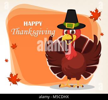 Ringraziamento biglietto di auguri con una Turchia bird indossando un cappello del pellegrino e agitando le sue ali. Divertente personaggio dei fumetti per la vacanza. Illustrazione Vettoriale wit Illustrazione Vettoriale