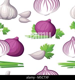 Modello senza giunture di rosso fresco cipolla e aglio bianco ortaggio dal giardino cibo organico illustrazione vettoriale isolati su sfondo bianco del sito web Illustrazione Vettoriale