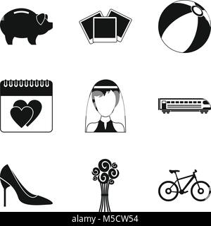 Sposi in Viaggio di nozze set di icone, stile semplice Illustrazione Vettoriale
