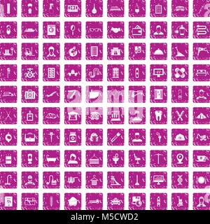 100 craft set di icone grunge rosa Illustrazione Vettoriale