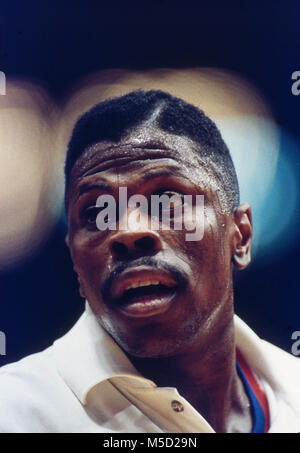 Ritratto di Patrcik Ewing dei Knicks durante una partita al Madison Square Garden nel 1989. Foto Stock