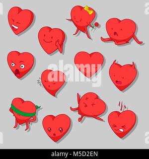 Cartone animato cuore di clip-art vettoriali Set di emozioni divertenti San Valentines caratteri Illustrazione Vettoriale
