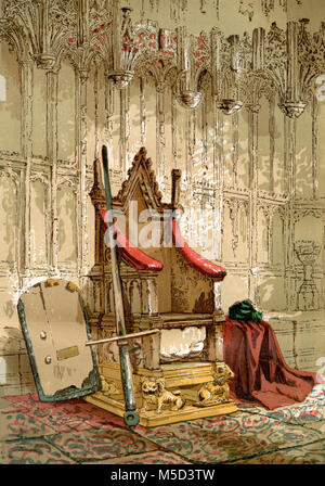 L incoronazione sedia, Westminster Abbey, City of Westminster, Londra, Inghilterra. Qui si vede con la pietra di Scone che era tornato in Scozia nel 1996. Da Vecchia Inghilterra: un museo pittorico, pubblicato nel 1847. Foto Stock