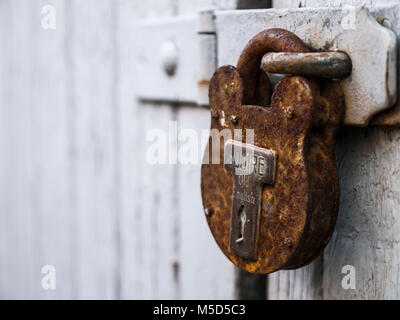 Lucchetto arrugginito sulla vecchia porta del garage Foto Stock