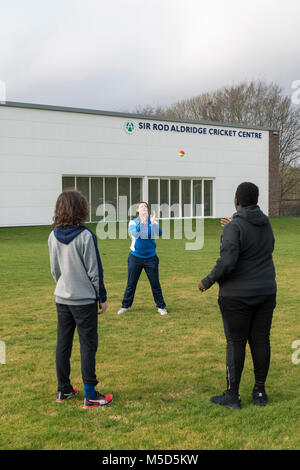 Gli studenti fanno pratica con la riproduzione di cricket su una scuola campo da gioco come parte di una lezione di giochi con il loro insegnante Foto Stock