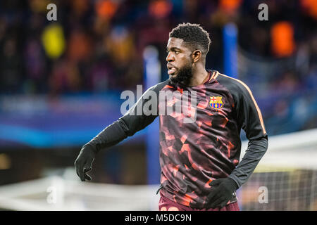 Londra, Inghilterra - 20 febbraio: Samuel Umtiti (23) del FC Barcelona durante la UEFA Champions League Round di 16 prima gamba match tra Chelsea FC ed FC Barcelona a Stamford Bridge il 20 febbraio 2018 a Londra, Regno Unito. Foto Stock