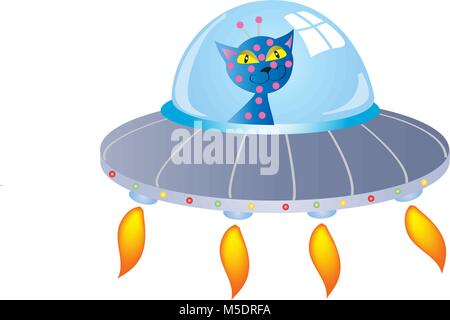 Cartoon gatto blu in un flying saucer Illustrazione Vettoriale