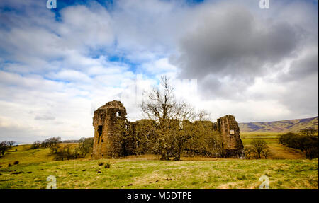 Morton Castle si trova da un lago artificiale nelle colline sopra Nithsdale, in Dumfries and Galloway, a sud-ovest della Scozia. Esso si trova a 2,5 miglia a nord-EA Foto Stock