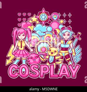 Anime giapponese cosplay stampa. Carino kawaii personaggi e oggetti Illustrazione Vettoriale