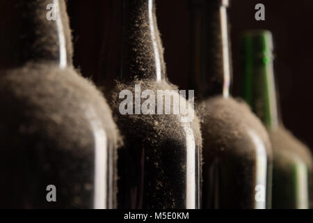 Vecchio polverose bottiglie di vino in una riga su sfondo nero Foto Stock