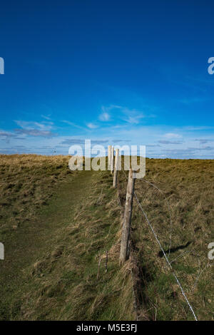 La prospettiva lineare di un recinto di filo in esecuzione attraverso un prato su una molla giornata soleggiata con cielo blu e nuvole bianche in background Foto Stock