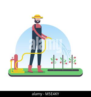 Felice l'uomo agricoltore biologico di irrigazione piante orto con verdure. Moderno stile piatto illustrazione del carattere di fattoria. EPS10 vettore. Illustrazione Vettoriale