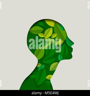 Ragazza profilo volto silhouette in carta stile di esclusione con foglie verdi. Concetto eco friendly illustrazione per la cura della pelle organici o ambiente di supporto. E Illustrazione Vettoriale