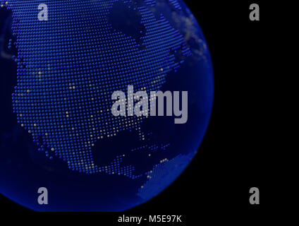 Punto Blu Globo mondo Mappa del Nord America 3D illustrazione con puntino bianco città su sfondo scuro. Foto Stock