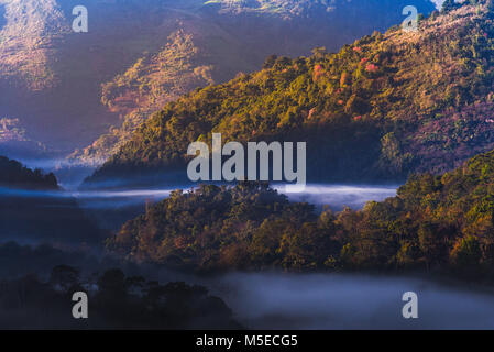 Il bellissimo panorama di scena di Doi Angkhang mountain con nebbia di mattina Foto Stock